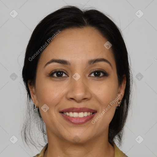 Joyful white young-adult female with medium  brown hair and brown eyes