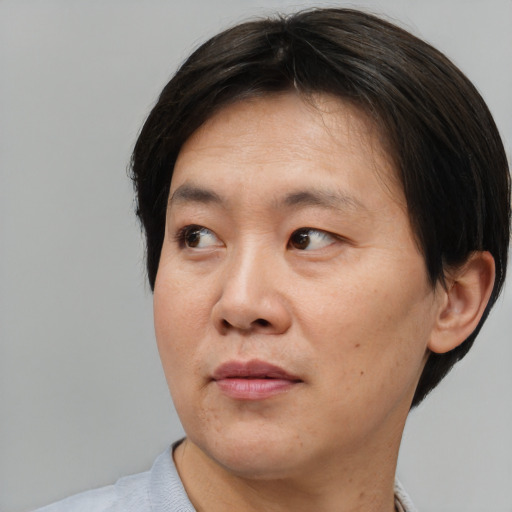 Neutral asian adult male with short  brown hair and brown eyes