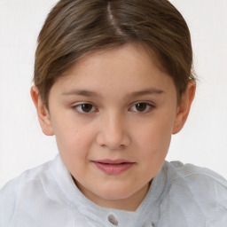 Joyful white child female with short  brown hair and brown eyes