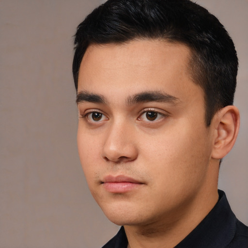 Neutral white young-adult male with short  black hair and brown eyes