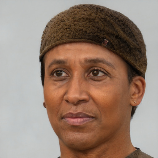 Joyful black adult female with short  brown hair and brown eyes