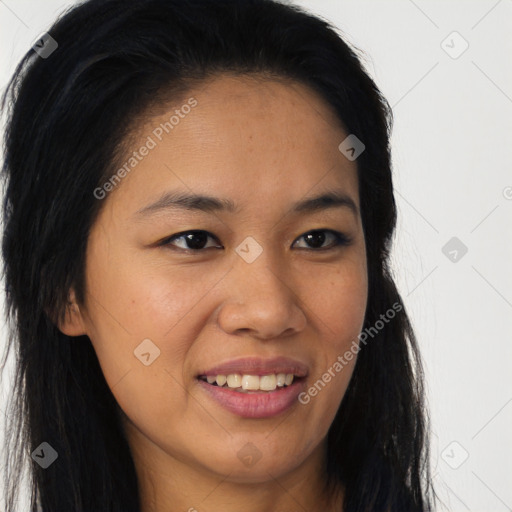 Joyful asian young-adult female with long  brown hair and brown eyes