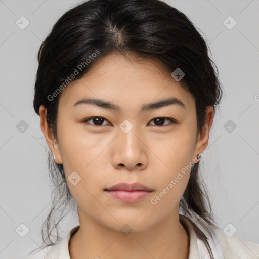 Neutral asian young-adult female with medium  brown hair and brown eyes