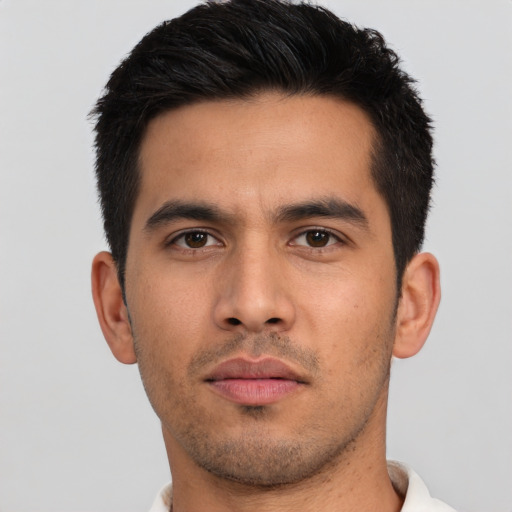 Neutral asian young-adult male with short  brown hair and brown eyes