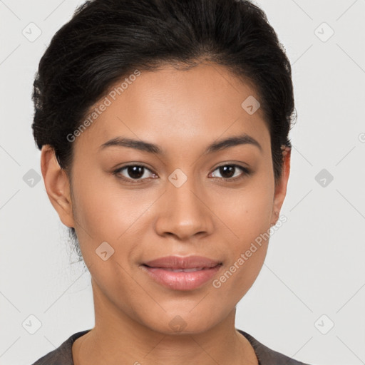 Joyful latino young-adult female with short  brown hair and brown eyes