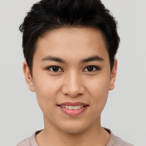 Joyful asian young-adult female with short  brown hair and brown eyes