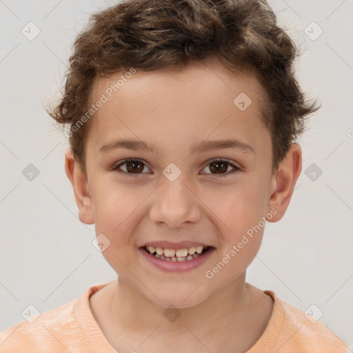 Joyful white child male with short  brown hair and brown eyes