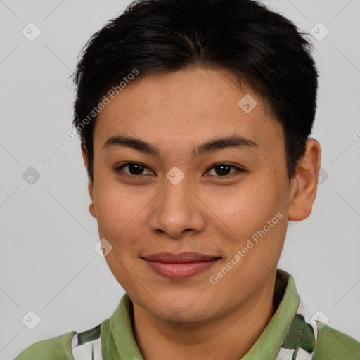 Joyful asian young-adult female with short  brown hair and brown eyes