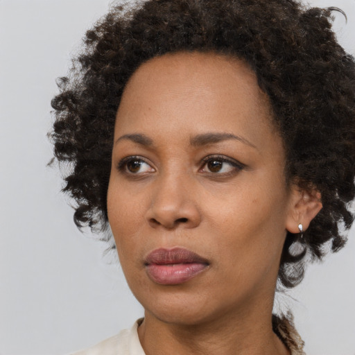 Neutral black adult female with medium  brown hair and brown eyes