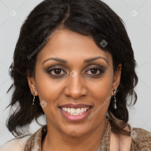 Joyful latino young-adult female with long  brown hair and brown eyes