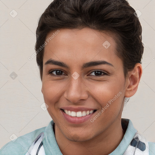 Joyful white young-adult female with short  brown hair and brown eyes