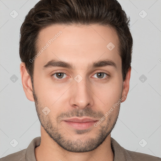 Neutral white young-adult male with short  brown hair and brown eyes