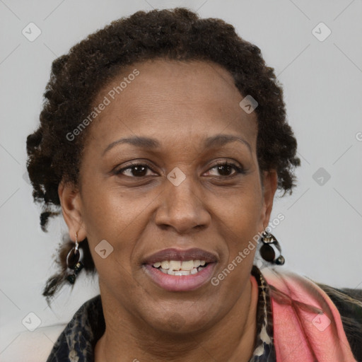 Joyful black adult female with medium  brown hair and brown eyes