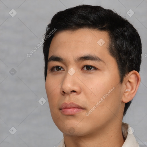 Neutral asian young-adult male with short  black hair and brown eyes