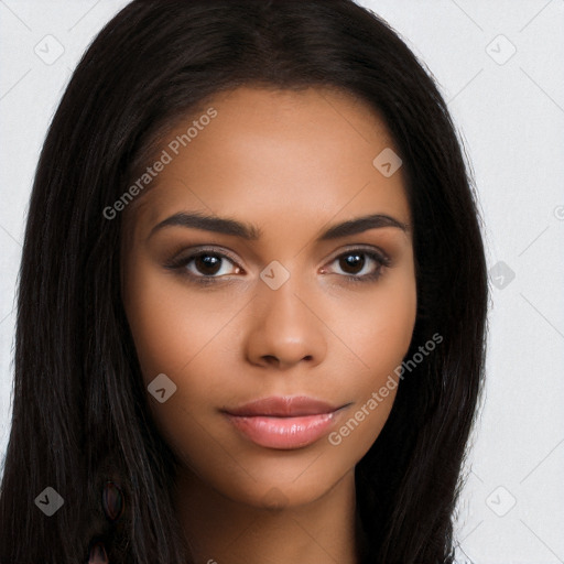 Neutral latino young-adult female with long  brown hair and brown eyes