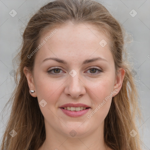 Joyful white young-adult female with long  brown hair and grey eyes