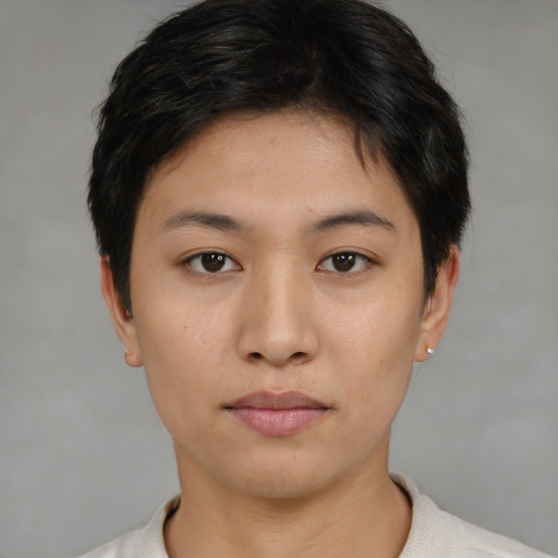 Neutral asian young-adult female with short  brown hair and brown eyes