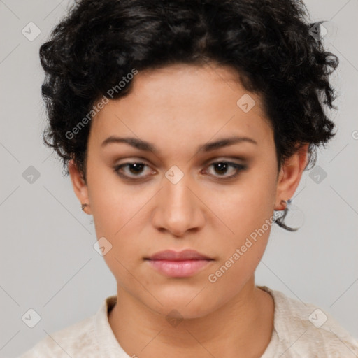 Neutral latino young-adult female with short  brown hair and brown eyes