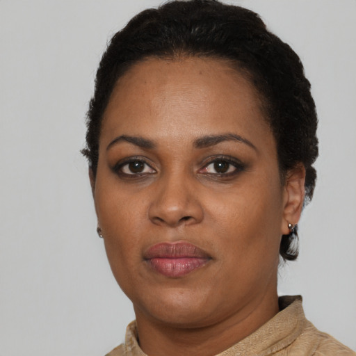 Neutral black young-adult female with short  brown hair and brown eyes