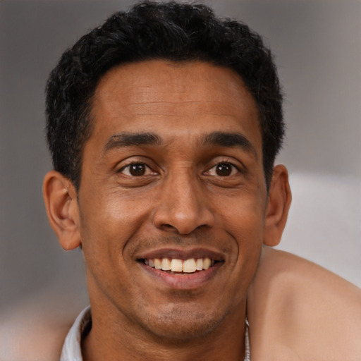 Joyful latino young-adult male with short  brown hair and brown eyes