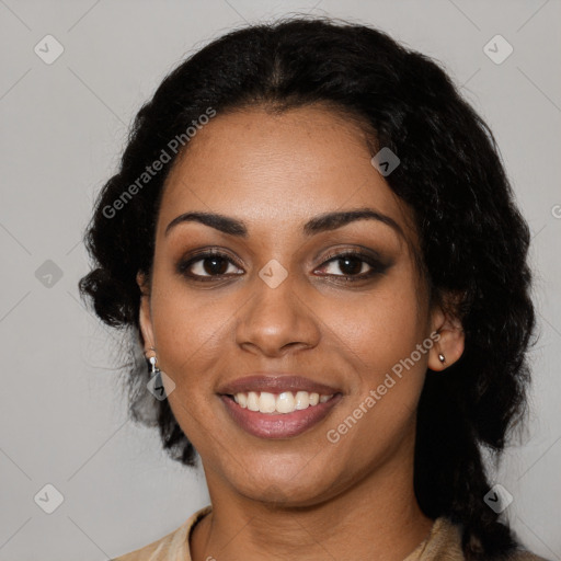 Joyful latino young-adult female with long  black hair and brown eyes