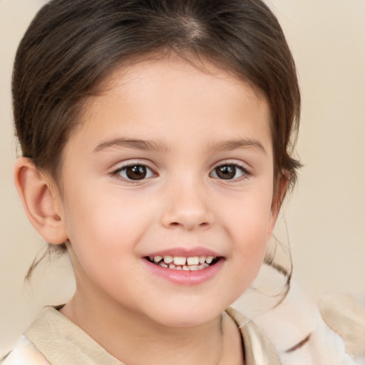 Joyful white child female with medium  brown hair and brown eyes