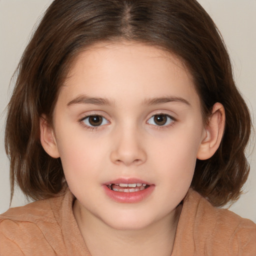 Joyful white child female with medium  brown hair and brown eyes