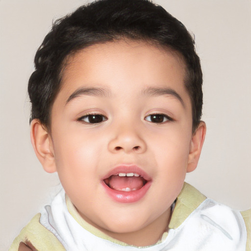 Joyful white child female with short  brown hair and brown eyes