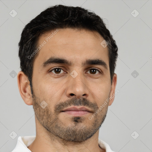 Neutral white young-adult male with short  black hair and brown eyes