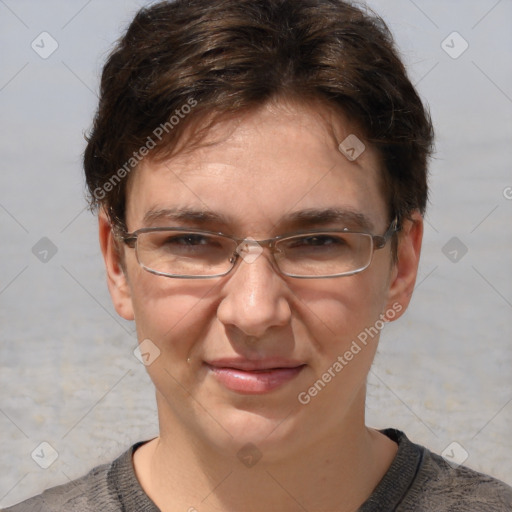 Joyful white adult female with short  brown hair and brown eyes