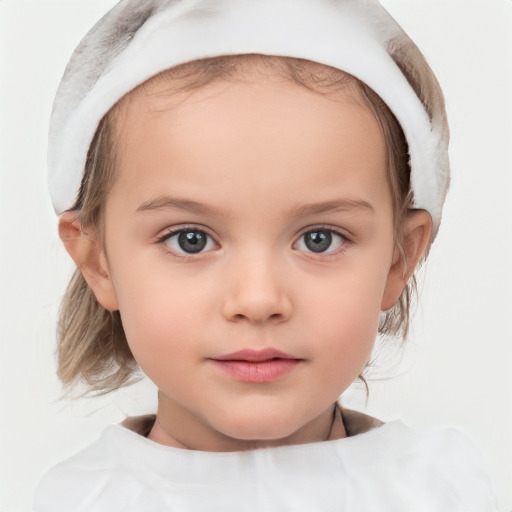 Neutral white child female with medium  brown hair and grey eyes