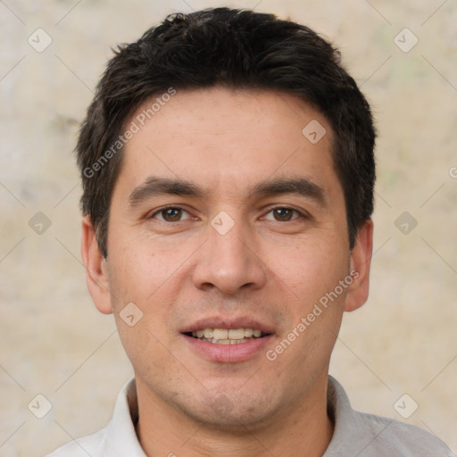 Joyful white young-adult male with short  brown hair and brown eyes