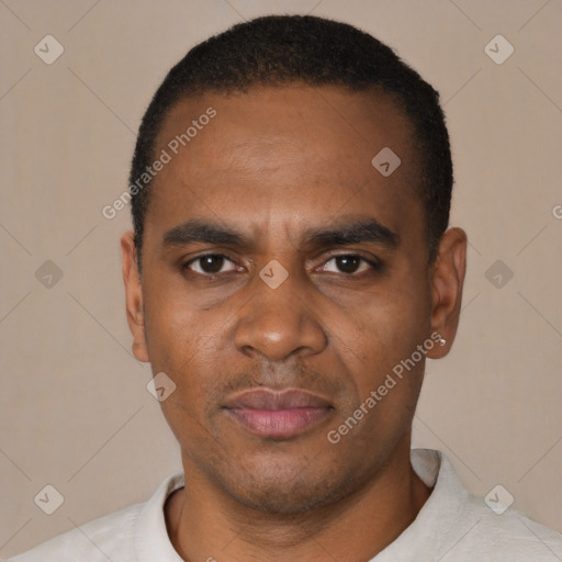 Neutral black young-adult male with short  black hair and brown eyes