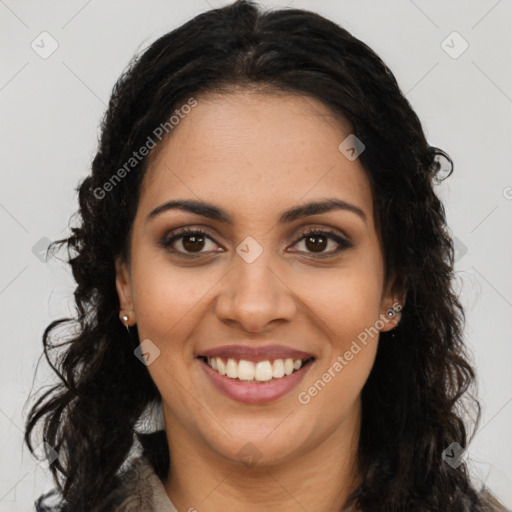 Joyful latino young-adult female with long  brown hair and brown eyes