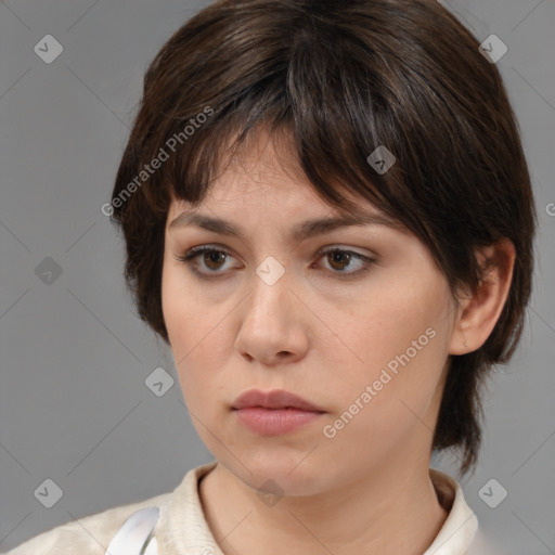 Neutral white young-adult female with medium  brown hair and brown eyes