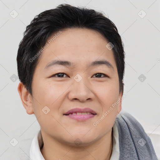 Joyful asian young-adult male with short  brown hair and brown eyes