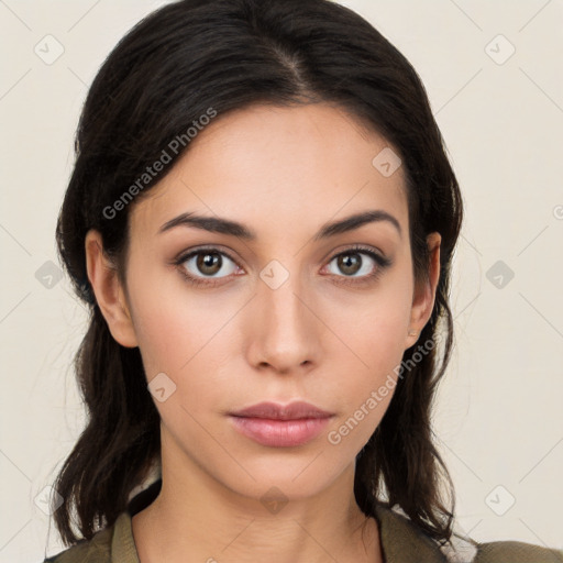 Neutral white young-adult female with medium  brown hair and brown eyes