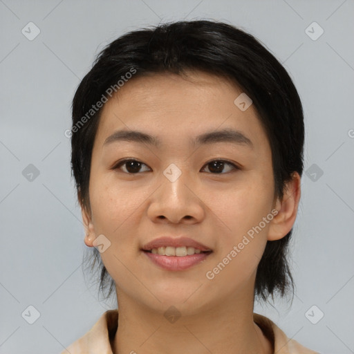 Joyful asian young-adult female with medium  black hair and brown eyes