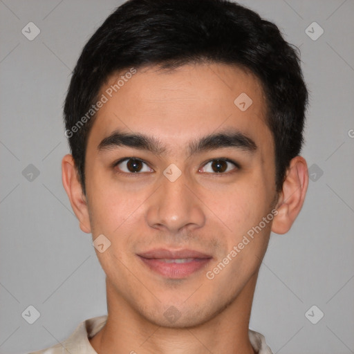 Joyful latino young-adult male with short  brown hair and brown eyes