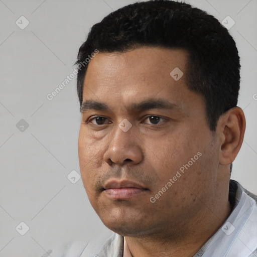 Neutral asian adult male with short  black hair and brown eyes