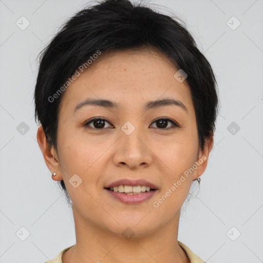 Joyful asian young-adult female with short  brown hair and brown eyes