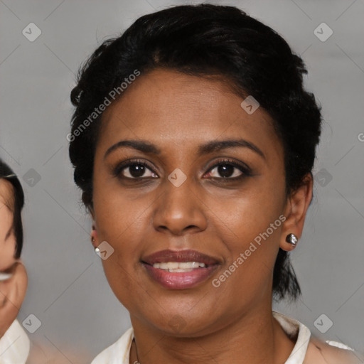 Joyful latino young-adult female with short  brown hair and brown eyes