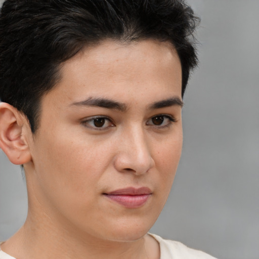 Neutral white young-adult female with short  brown hair and brown eyes