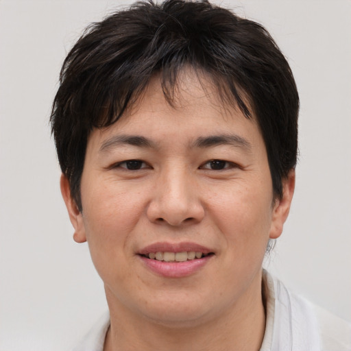 Joyful asian young-adult female with short  brown hair and brown eyes