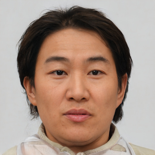 Neutral asian adult male with medium  brown hair and brown eyes