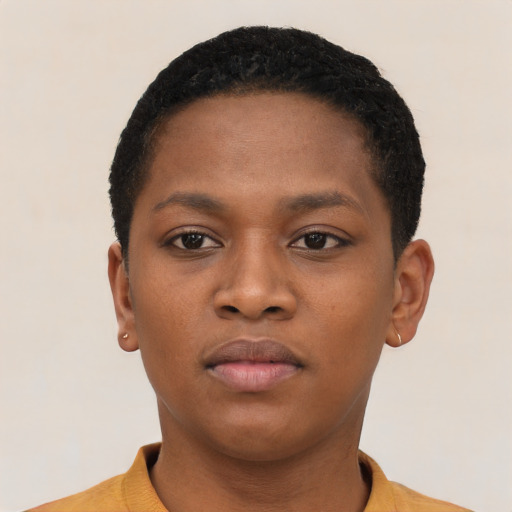 Neutral black young-adult female with short  black hair and brown eyes