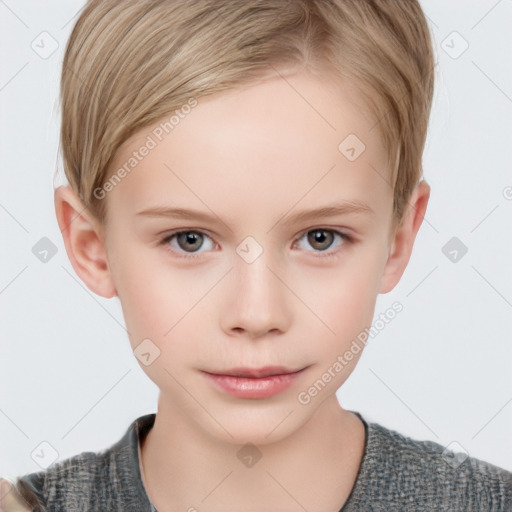 Neutral white child female with short  brown hair and grey eyes