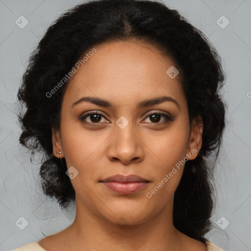 Joyful latino young-adult female with medium  black hair and brown eyes