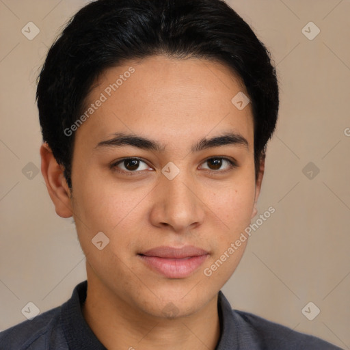 Joyful latino young-adult male with short  brown hair and brown eyes