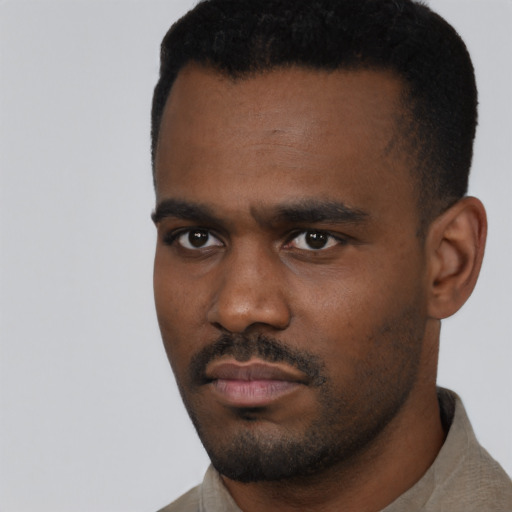 Neutral black young-adult male with short  black hair and brown eyes